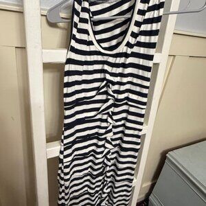 Navy White Striped Ruched Midi Dress Sleeveless Stretchy Size S/M